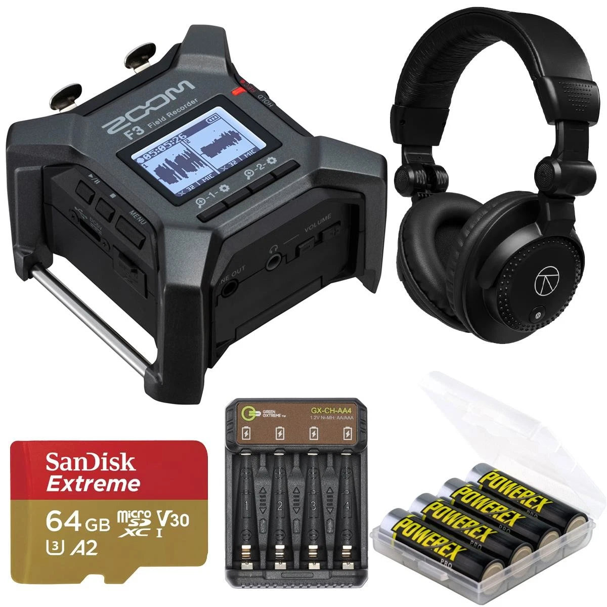 Zoom F3 2-Channel/2-Track Field Recorder, Bundle with 64GB Memory Card, TAPH100